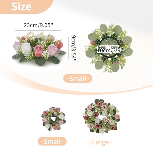 NUPTIO Small Flower Rings for Centerpieces: 9.05 Inch Dusty Rose & White Candle Rose Wreath for Wedding Party Christmas Decorations - Spring Summer Front Door Porch Decor 2 Pcs - color: Dusty Rose & White, size: Dia 9.05"-2pcs