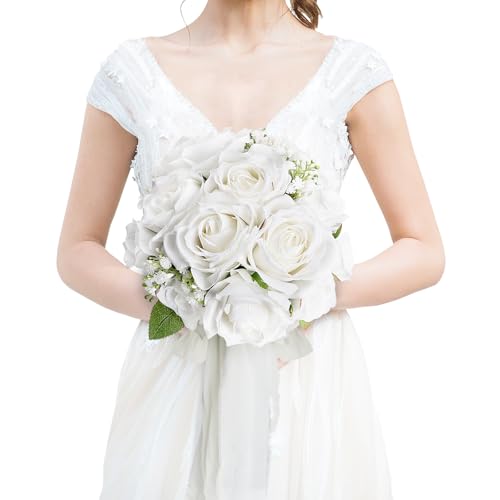 Wedding Bouquet for Bride - Premade Simple Artificial Roses Flowers for Bridal Shower Destination Ceremony Anniversary Decorations - White - color: White