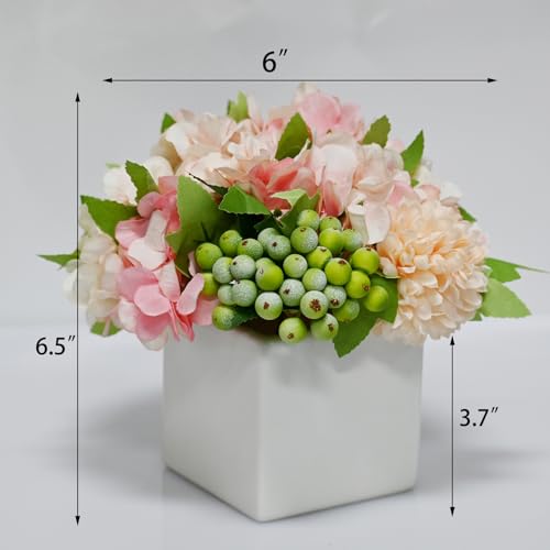 Artificial Flower Arrangement in Ceramic Vase Pink Hydrangea Home Decor | Artificial Pink Hydrangea Potted Flowers with White Vase, Fake Peony Green Berry Floral Decor for Home Office Wedding Table - color: Pink Hydrangea