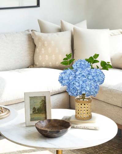 Hollyone Blue Hydrangea Artificial Flowers in Woven Glass Vase with Faux Water Silk Hydrangeas Fake Flowers Floral Arrangement for Home Indoor Bathroom Kitchen Office Table Centerpiece Shelf Decor - color: Blue-woven Vase