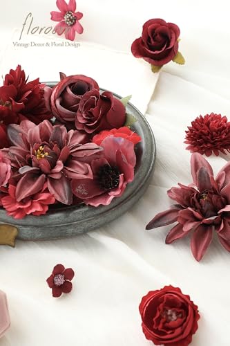 Floroom Mini Artificial Flower Heads Burgundy & Red Fake Peony Daisy Rose Multicolor Small Faux Silk Flower Heads for Cake Craft Garland Wedding Party Graduation Cap DIY Home Decoration, 0.8"-3.6" - color: Vintage Burgundy