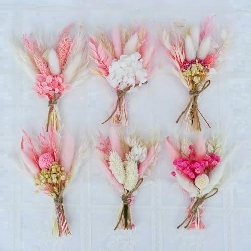 6 Pack Dried Flower Bouquets,Pink Boho Series Natural Dry Flowers Combination with Stem,Boho Artificial Bundles for Wedding Table Centerpieces,Birthday Cake Table Vase Decor,Shooting Props (Pink)