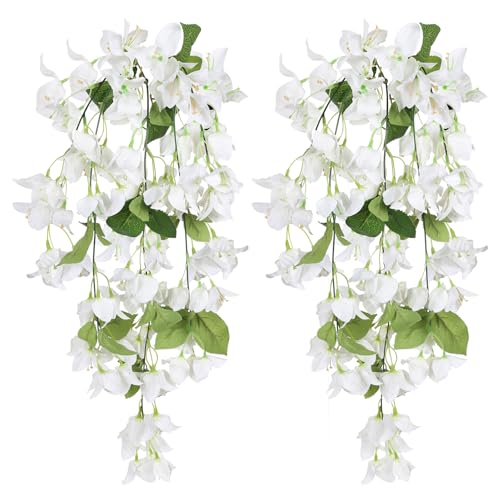 IPOPU Artificial Bougainvillea Hanging Flowers 2PCS UV Resistant Fake Silk Bougainvillea Plant Vine Faux Flowers for Garden Yard Porch Patio Wedding Wall Home Outdoor Decor (White) - color: White