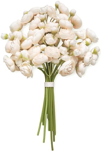 Ranunculus Artificial Flowers 18pcs, Faux Silk Mini Ranunculus Bulk Fake Wedding Filler Flowers for DIY Bouquets Centerpieces Bridal Shower Decorations Arrangements, Cream - color: Cream