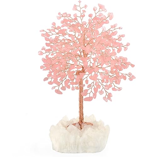 Gemstone Crystal Tree of Life,Natural Rose Quartz (406 Stones) with Clear Quartz Base,Chakra Balancing Positive Energy Feng Shui Home Decor Bonsai Money Tree,Birthday Gift 8.5"-9" - color: Rose Quartz Tree With Quartz Base