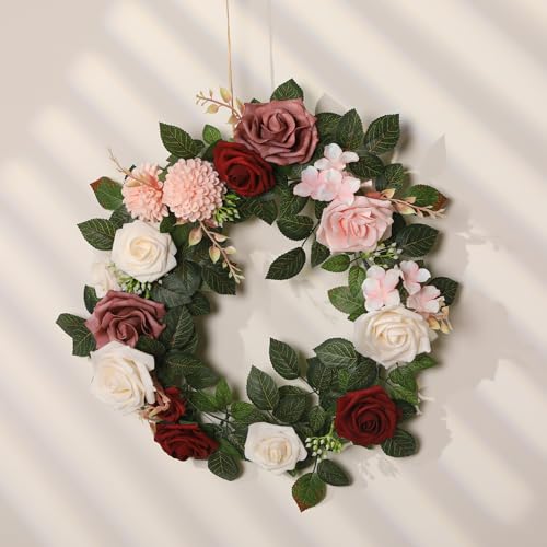 Senseya 5FT Artificial Rose Flower Garland - Burgundy Fake Floral Vine with Rose Leaves, Runner Rustic Flower Garland for Wedding Arch Backdrop, Table Runner Centerpieces, Party Home Mantel Decor - color: Burgundy