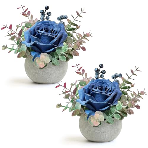 2 Pack Artificial Flowers with Pot, Blue Rose with Eucalyptus Fake Potted Flowers Small Faux House Plants for Indoor Home Office Room Desk Shelf Table Centerpieces - color: 2 Pack Blue Rose
