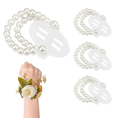 Corsage Wristlet,Elastic Double-Strand Pearl Corsage Wristlet Band for Women,Wrist Corsage Bracelets for Wedding Party Decorations,Graduation Party,DIY Handmade Flower Supplies - size: 4PCS