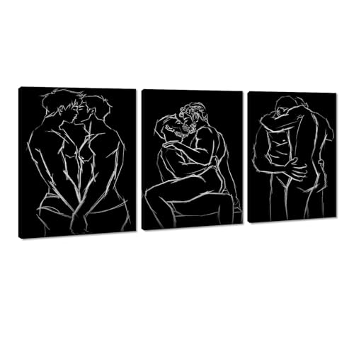 Abstract Wall Art Men Gay Wall Decor Pictures 3 Panels Black and White Line Art Men Gay Body Posters Prints on Canvas Decor Bedroom Bathroom Home Decoration Framed Ready to Hang -12"W x16"Hx3pcs - color: Art02, size: 12x16x3pcs