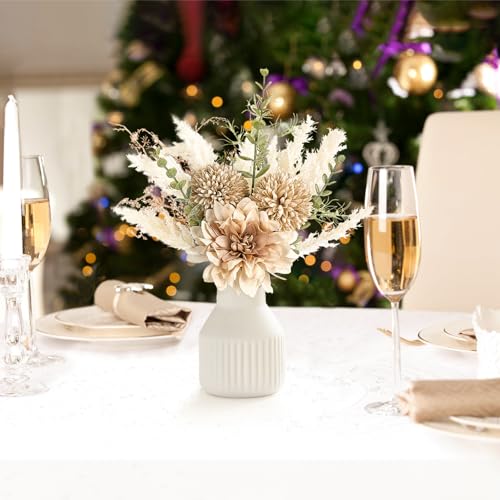 Mkono Small Artificial Flowers in Ceramic Vase 12.5" Centerpieces Coffee Table Decor, Silk Flower Arrangements for Home Decor Indoor Fake Flower Bouquet for Bathroom Dining Room Kitchen Wedding Brown - color: Brown, size: Small