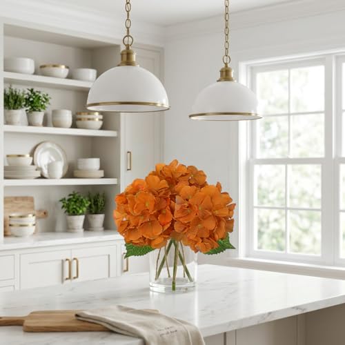 Hydrangea Artificial Flowers with Glass Vase, Orange Real Touch Silk Hydrangea Arrangement with Faux Water, Small Faux Floral Centerpiece for Home Decor, Wedding, Bathroom, Shelf, Coffee Table - color: Orange-hydrangea