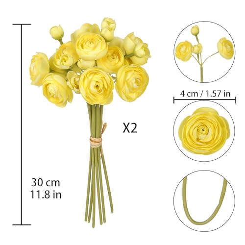 IPOPU Artificial Ranunculus 2 Bouquets Small Yellow Artificial Flowers 12PCS Faux Ranunculus Flowers for Vase Filler Bouquet Wedding Decor Bridal Shower Floral Filler Flowers Centerpieces (Yellow) - color: Yellow