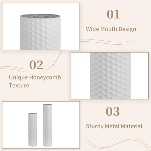 Sziqiqi White Tall Vases for Floor: 27.6/21.7in Metal Cylinder Handmade Flower Holder Extra Large Decorative Vase Set of 2 Modern Honeycomb Texture Big Standing Vase for Living Room Home Corner - color: White