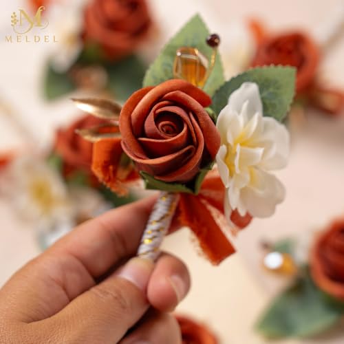 6Pcs Burnt Orange/Terracotta Faux Foam Rose Boutonnieres for Men | Artificial Rose Boutonnieres for Men Wedding Prom Groom Groomsmen Homecoming Party Suit Decoration - color: Orange Corsage