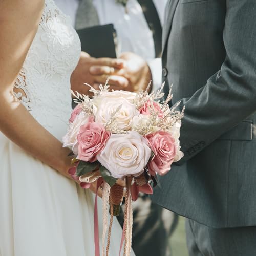 LEIFENY Wedding Bouquets for Bride, Champagne White & Pink Bridal Bridesmaid Wedding Flowers, Artificial Toss Rose for Civil Ceremony (Jute Rope Handle) - color: Champagne White & Pink