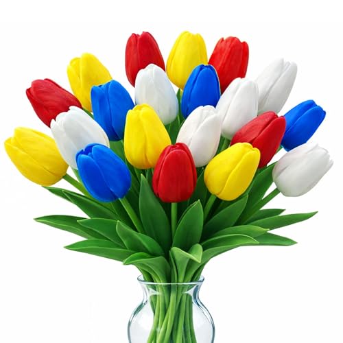 20 Pcs Tulips Artificial Flowers, 13.5'' Real Touch PU Fake Flowers Bouquet for Home Party, Spring Wedding Floral Arrangement, Valentine's, Easter and Mother's Day Decor (Yellow,Red,Blue) - color: Yellow,red,blue