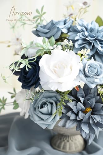 Floroom Dusty Blue Navy Artificial Flowers Fake Roses Peonies Dahlias and Greenery Combo Box Set for DIY Wedding Bouquets Bridal Shower Centerpieces Floral Arrangements Party Tables Home Decorations - color: Serene Dusty Blue