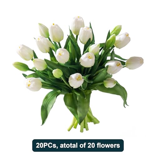 Bailikang 20PCS Fake Tulips Artificial Tulip Silk Flowers Fake PU Bouquet Artificial Flowers Faux Flowers with Gift Box Soft Faux Tulips Bouquets Arrangements for Party Wedding Home - color: White