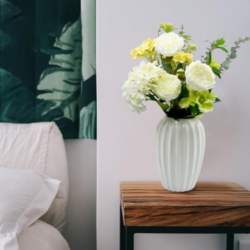 Artificial Flowers Bouquet – Fake Silk Hydrangea Peony and Eucalyptus Mix, Faux Flower Arrangements for Home, Office Decor and Dining Table Centerpieces (White Yellow&Green) - color: White Yellow &Green