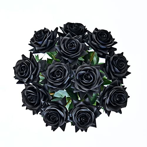ZMZQ&flw Black Roses Artificial Flowers 12PCS, Real Touch Silk Flowers, Realistic Single Fake Flower with Individual Stems Leaves - color: Black 12pcs