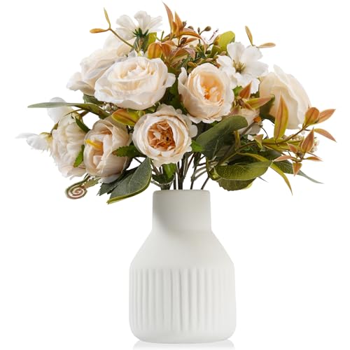 Small 10" Fake Fake Flowers in Vase Silk Roses Artificial Flowers in Ceramic Vase,Faux Flower Plant Arrangement for Home Office Farmhouse Bathroom Dining Table Centerpiece Decorations (White)