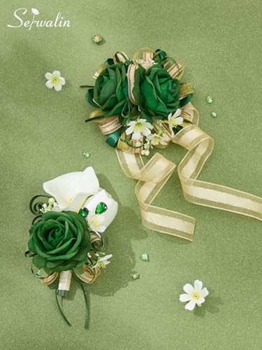 Serwalin Green Prom Corsage and Boutonniere Set, Artificial Calla Lily & Rose Wrist Corsage Wristlet for Homecoming, Formal Dance, Wedding Flower Accessories Suit Decorations - color: Green