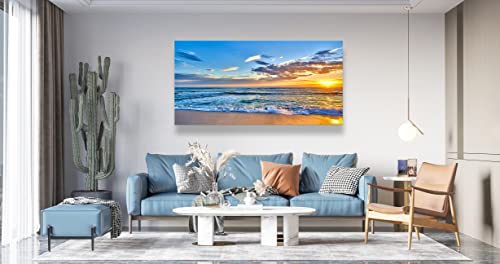Aibonnly Wall Art Canvas Painting Seaside Sunset over the beaches 1 Piece blue sea view Ocean Picture Poster Print Framed and Stretched Ready to Hang for Living Room Bedroom Kitchen Office - color: Blue, size: 40"L x 20"W
