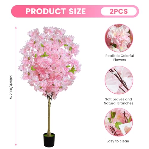 2 Pack Artificial Cherry Blossom Tree,4FT Faux Cherry Blossom Plant in Pot with Pink Flowers,Artificial Silk Plants for Indoor Outdoor Decor,Front,Living Room,Office,Patio - size: 2Pack 4FT