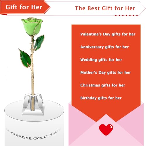 AliveRose Valentines Day Gift Rose, 24K Gold Dipped Rose Made from Real Rose - Unique Design Gold Plated Rose for Anniversary Valentines (Green Handmade Rose with Crystal Base) - color: A2. Green Handmade Rose White Crystal Vase
