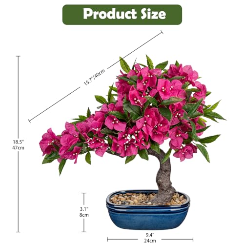 Briful Artificial Bougainvillea Bonsai Tree 18.5" Silk Bougainvillea Plant with Blue Pot Fake Bougainvillea Floral Tree for Home Office Room Desk Shelf Zen Décor(Hot Pink) - color: Pink Blue