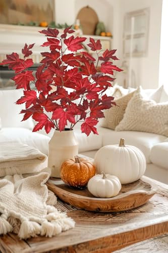 3Pcs Fall Decor Artificial Maple Leaves Branches Fake Fall Leaves Stems Plants Faux Maple Shrubs Leaf Bushes for Home Kitchen Decor Autumn Thanksgiving Fireplace Festival Party Decorations Light Red