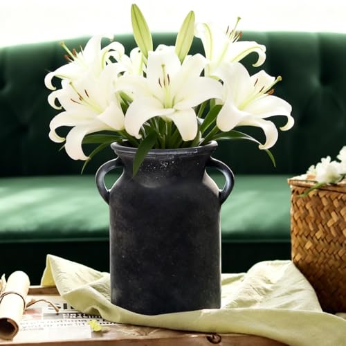Black Glass Vase with Handles - Rustic Imitation Ceramic Flower Vase 8 Inches, Vintage Matte Black Centerpiece Decor for Modern Farmhouse, Industrial Home, Gothic & Minimalist Table Decorations - color: Black