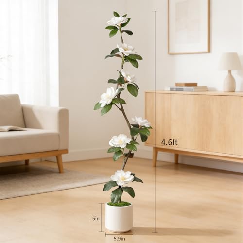 Rubber Tree 4.6 FT Artificial Magnolia Tree in Planter Pot, Faux Plants Indoor Faux Floor Plant Artificial Plants with 7 Pcs Calla Lily Flowers for Home Office Living Room Decor Indoor - color: Rubber Tree White