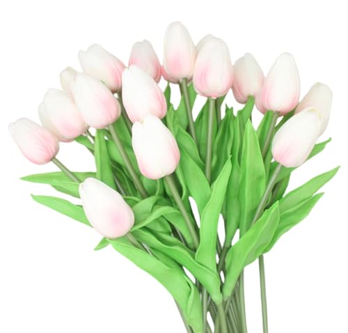 10-Heads Home Decor Mini Tulip Real Touch Tulip Artificial Flowers Bouquets for Home Wedding Party Centerpiece Decoration (Pink and White) - color: Pink and White