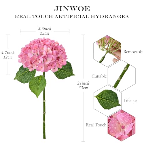 JINWOE Real Touch Artificial Hydrangea Flowers, 3pcs 21" Pink Latex Spring Silk Faux Hydrangea Flowers,Lifelike Artificial Hydrangeas with Stems for Porch Bouquets Wedding Home Baby Showers - color: Pink