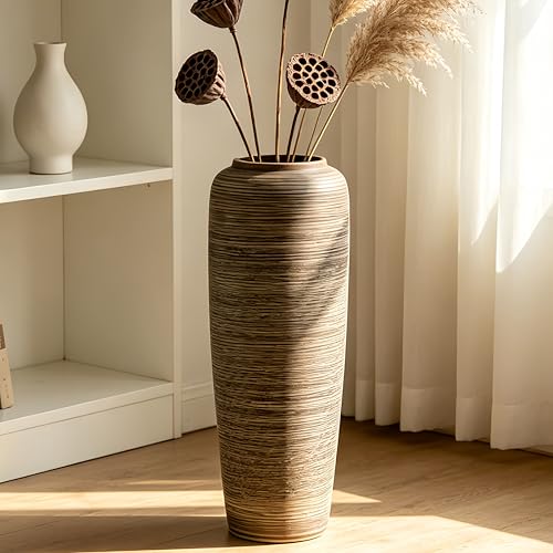 19.7 Inch Rustic Ceramic Large Floor Vase, Ribbed Textured Rustic Farmhouse Vase for Pampas Grass, Living Room & Entryway Décor, Handmade Ceramic Accent - size: 19.7 Inch