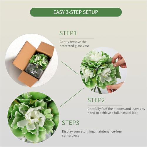 Green Peony Bouquet in Glass Vase - 6 Piece Artificial Flower Arrangement with Faux Water for Wedding & Home Centerpieces - color: Peony Flowers, size: Green