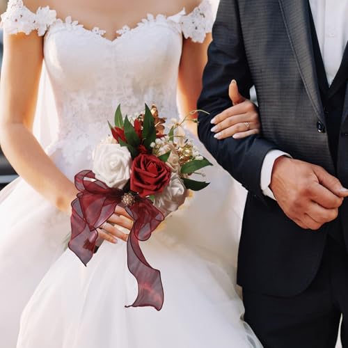LEIFENY Wedding Bouquets for Bride, Burgundy & White Bridal Bridesmaid Flower with Silk Ribbon, Artificial Toss Rose for Civil Ceremony - color: Burgundy & White