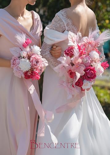 Hot Pink Bridal Bouquets for Bride,14 Inch Wedding Bouquets, for Wedding Ceremony, Anniversary, Party and French Rustic Vintage Wedding,Artificial Flowers - color: Hot Pink, size: 14 Inch