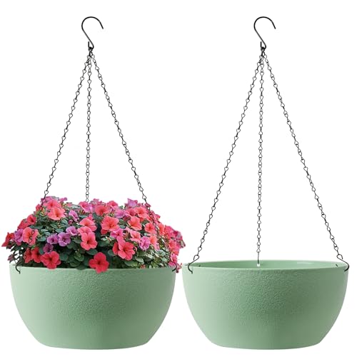 T4U 12 Inch Hanging Planters for Indoor Outdoor Plants, 2 Pack Plastic Hanging Planter, Indoor Hanging Plant Pots, Hanging Basket with Drainage Holes, Flower Pots for Garden Home Decor, Green - color: Green, size: 12 In