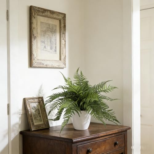 25 Leaves Fake Fern Potted Plant, 12" Artificial Real Touched Ferns in Pot, Faux Fern Bush Plant for Office Living Room Home Hotel Décor Indoor (2)