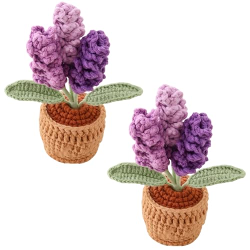 2 Pieces Mini Crochet Lavender Flower Potted Plants, Handmade Knitted Fake Lavender with Planter for Bathroom Home Kitchen Rustic Table Centerpiece Decor, Purple - color: Purple