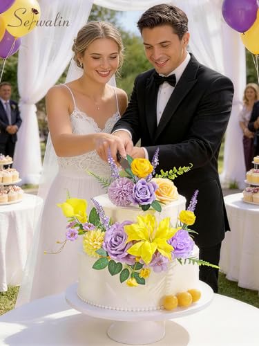 Serwalin Artificial Yellow & Purple Flowers, Silk Fake Roses Flowers, Faux Flowers for DIY Wedding Bouquets Cake Decoration Baby Shower Centerpieces Floral Arrangements Party Decor - color: Purple & Yellow, size: Grand