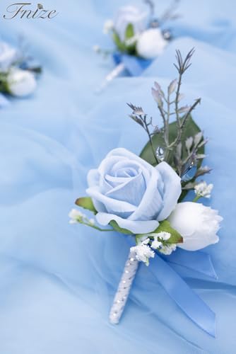 Fnize Blue Boutonniere for Men, 6 Pcs Groom Groomsmen Boutonnieres, Artificial Flowers for Wedding Prom Homecoming - color: Blue
