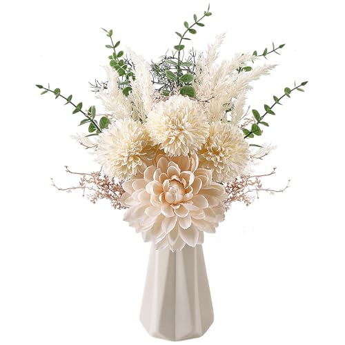 CEWOR Fake Flowers in Ceramic Vase, Artificial Flowers with Ceramic Vase Faux Silk Floral Arrangement Table Centerpieces Decor for Home Office Dining Farmhouse Coffee Table Living Room - color: Beige