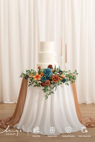Ling's Moment Wedding Artificial Welcome Sign Flowers Swag Arch Floral Garland Decorations Teal Orange for Ceremony Reception Entrance Entryway Party Banquets Easel Wall Home Outdoor(NOT Include Sign) - color: Teal & Orange