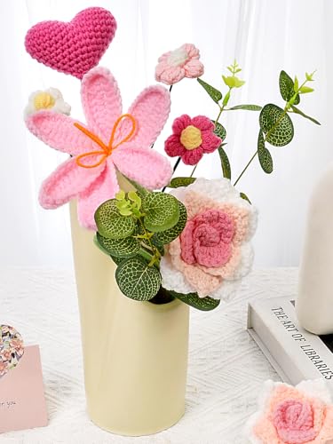 Crochet Flowers Bouquet - Crochet Tulips Roses Love Heart Daisies Knitted Flowers for Valentine's Day Anniversary Wedding Engagement Mother's Day Birthday Gifts Home Décor, Pink - color: Z: Pink - Love Heart