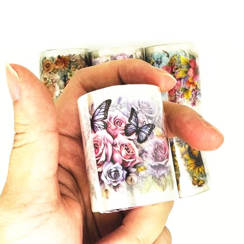 Koolemon 6Rolls PET Flower Tape for Journal Scrapbook Decorative Stickers | Precut Waterproof Floral Multicolor Easy to use
