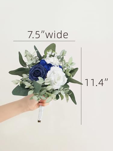 Rinlong Navy Blue Bridesmaid Bouquet for Wedding, Prom, Homecoming | Silk Bridal Bouquet, Destination Friendly - color: 21-blue & Sage