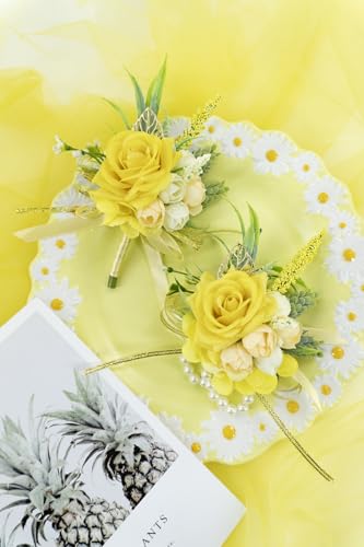 2 Pcs Wrist Corsage and Boutonniere Set, Yellow Corsage for Wedding, Boutonniere for Men Artificial Rose Flower Wristlet Bracelet Prom Ceremony Anniversary Accessories Decor Suit - color: Yellow
